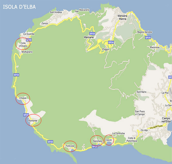 >The map of the Costa del Sole on the island of Elba